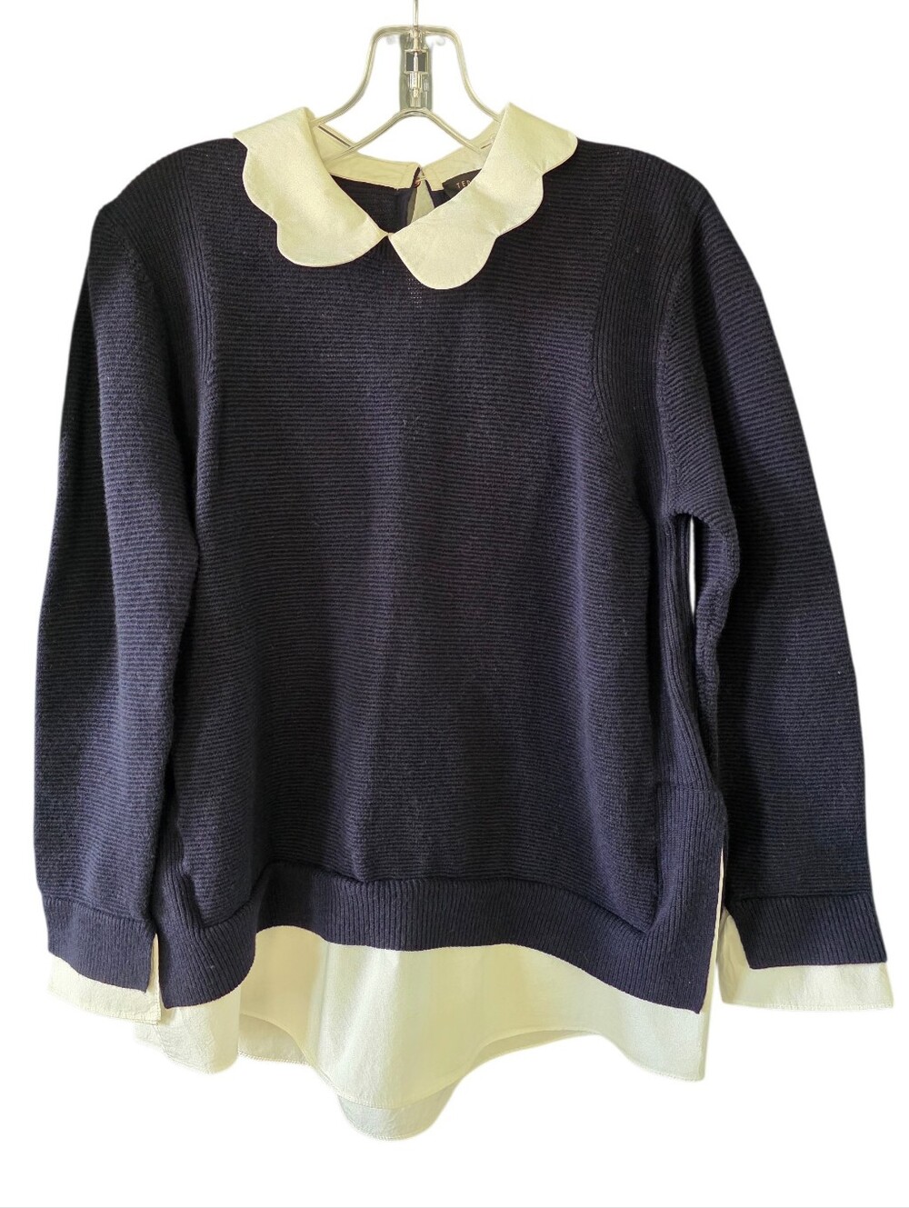 Ted Baker Bronwen Layered Look Navy Sweater with White Scallop Collar/Hem Size 3
